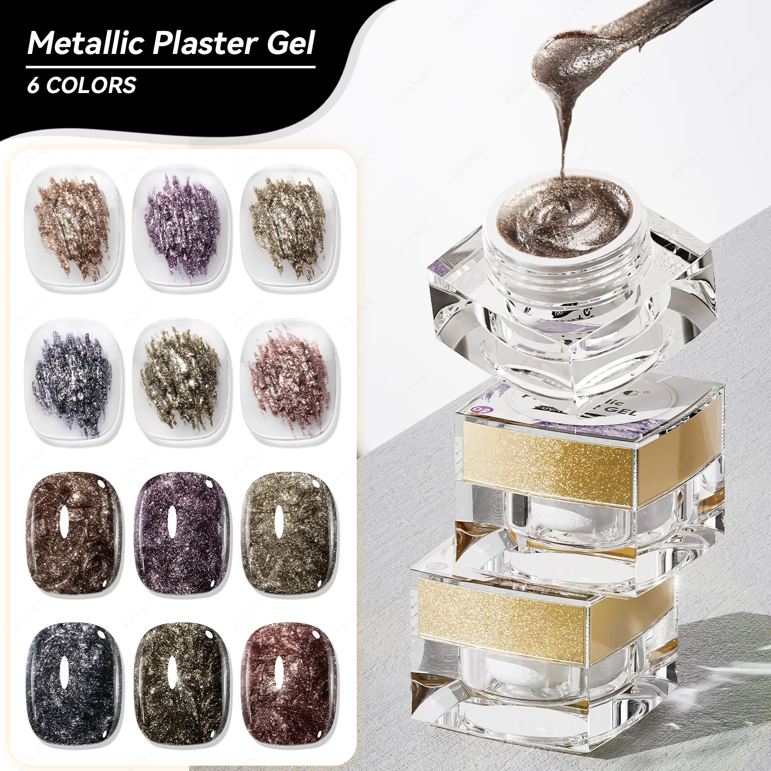 JTING 3D seni kuku plester gipsum gel polesan 6 warna set unik 4D 5D efek gipsum lukisan gel plester metalik di dalam toples OEM/ODM