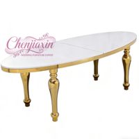 Table de salle à manger ovale moderne de luxe en verre, personnalisable, avec piètement en acier inoxydable doré brillant, idéale pour les mariages et événements – Vente en gros directe usine