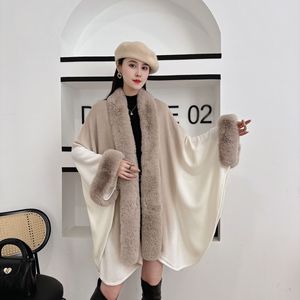 Châle en cachemire acrylique ombré avec <span class=keywords><strong>col</strong></span> en fausse fourrure automne/hiver, cardigan tricoté grande taille pour femme, cape longue asymétrique ouverte sur le devant - Product Image 1