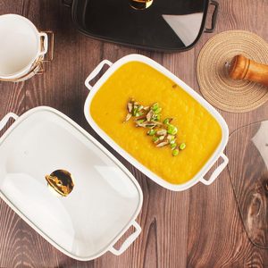 Plato Cuadrado de Porcelana Cerámica Desechable de Lujo para Calentar Arroz con Tapa de Vidrio para Fiestas - Product Image 4