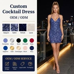 Vestido <span class=keywords><strong>de</strong></span> Fiesta Azul Marino con Lentejuelas, Cuello Halter en V, Estampado Floral, Ajustado, Mini, OEM, Vestido <span class=keywords><strong>de</strong></span> Cóctel - Product Image 1