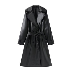 Veste longue coupe-vent en PU pour femme, style simple et élégant, double boutonnage, revers polyvalents, ceinture ample, collection automne 2025 - Product Image 2
