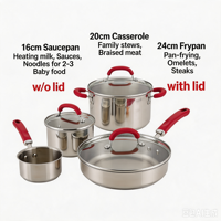 Ensemble de casseroles Perium écologiques de style américain en acier inoxydable, avec couvercle en verre, poignée en silicone, compatible induction