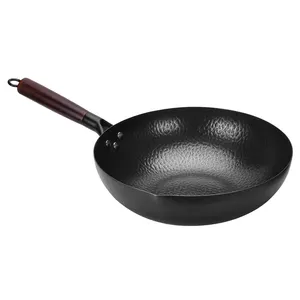 Non-Coating Chinese Wok With Wooden Lid Handmade Iron Wok Non-Stick Carbon Steel Wok Pan