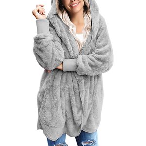 2025 <b>Women's</b> Open Front Fuzzy <b>Fleece</b> <b>Cardigan</b> Jacket Coat Outwear with Pockets and Hood - Product Image 4