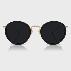 Yeetian Óculos de sol unissex redondos de acetato preto vintage para homens, óculos de sol de marca de luxo dourado de metal com meia borda, de alta qualidade