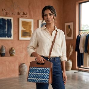 Bolso para portátil de tela indigo ikat hecho a mano, de algodón, tipo tote para oficina, con correa de cuero, bandolera, para trabajo, proveedor mayorista, exportación India - Product Image 2