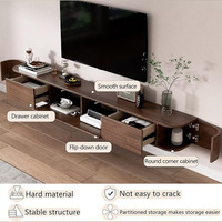 Meuble TV mural flottant en MDF noyer avec éclairage LED, coins arrondis, console multimédia, porte rabattable, tiroir de rangement, meuble de télévision