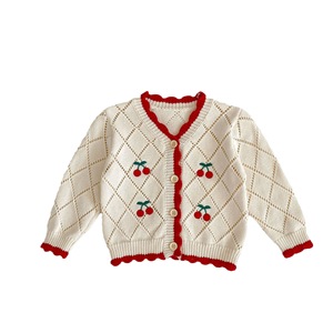 Cárdigan de punto de algodón con bordado de cerezas, estilo dulce y popular en internet, para bebé niña, primavera 2026, con ribete <span class=keywords><strong>rojo</strong></span> y manga larga, de un solo botón. - Product Image 5