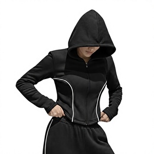 Sudadera con Capucha Negra para Mujer, Cierre de Cremallera, Color Sólido, Manga Larga, Tejido Transpirable, para Otoño, Corte Regular - Product Image 1