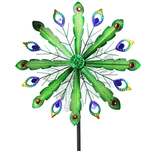 Newart-molino de viento de metal personalizado, 6 pies, para jardín, pluma de pavo real verde, grabado