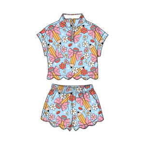 GSSO3581 Ensemble personnalisé pour enfants, motif crayon Apple Little Active Girl, à manches courtes, à volants, avec fermeture éclair, vente en gros - Product Image 5