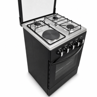 Cuisinière autonome D CKD 60 cm, 3 brûleurs gaz, 1 plaque chauffante électrique, four 80 L, corps noir, panneau en acier inoxydable, GPL