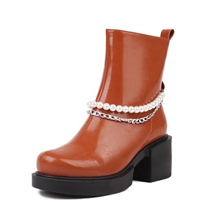 Bright Patent Leather Women Flat Short Boots Pearls Metal Chain Girl's Shoes Low Square <b>Heels</b> Big Size 45 Ankle - Product Image 6