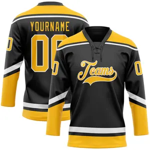 Custom Hockey Wear Hoge Kwaliteit Geborduurd Geel Omkeerbare Sublimatie Ademende Ijshockey Jersey