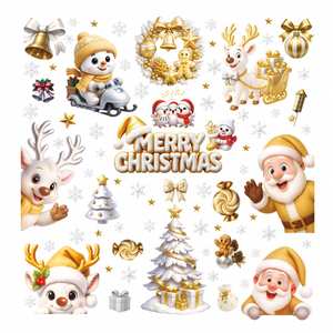 Autocollants de Noël statiques imperméables en PVC doré pour fenêtres, motifs Bonhomme de neige, Renne, Père Noël, flocons de neige et maisons enneigées - Product Image 5