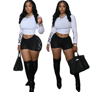 Women 2 Piece Set Outfits Long Sleeve T-shirt And Shorts Matching Set Club Tight White Black Tracksuit