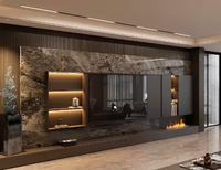 Mueble de TV Moderno de Lujo Personalizado, Panel de Madera Acanalado con Piedra Sinterizada, Estante LED, Chimenea Eléctrica para el Hogar