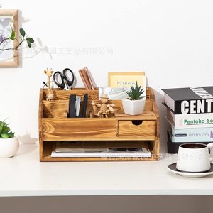 Wooden Desktop <b>Storage</b> Box With Drawers Office Stationery Organizer Rectangle Solid Color <b>File</b> And Miscellaneous Item Holder - Product Image 3