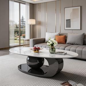 Table basse ovale moderne en pierre frittée avec base sphérique noire, idéale pour salon de luxe - Product Image 3