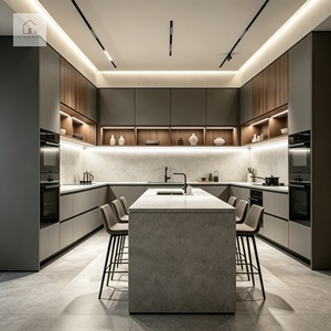 XINGRUO Set di Mobili da <span class=keywords><strong>Cucina</strong></span> Moderni a U con Grande Isola in Pietra e Dettagli in Noce, Arredamento <span class=keywords><strong>Cucina</strong></span> di Lusso Personalizzato - Product Image 1
