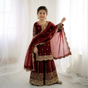 Robe Anarkali Traditionnelle Brodé Bordeaux pour Filles, Style Indien et Pakistanais, Coupe Droite, Longueur Cheville, en Polyester, Idéale pour Mariages - Product Image 1