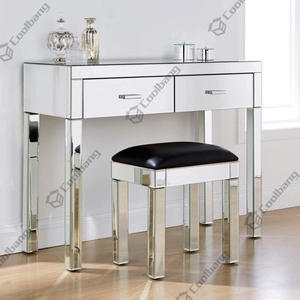 Modern Vanity Makeup <strong>Art</strong> <strong>Deco</strong> <strong>Dressing</strong> <strong>Table</strong> Set with Curved Mirror Metal and Panel Wood for Bedroom - Product Image 4