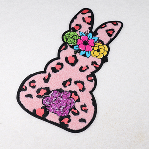 Best Price Stock Holiday Easter Patches Green Cartoon Iron on Rabbit Glitter Letters Easter Chenille Patches for Clothing - Product Image 1