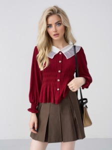 <span class=keywords><strong>Top</strong></span> Casual lavorato a maglia da donna con Design a balze in pizzo Chiffon con colletto arricciato e bottone frontale nuovo Design all'ingrosso - Product Image 4