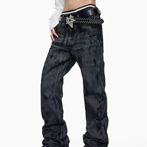 Black Washed Flare Jeans for Men Vintage Streetwear Denim Pants Mid Waist Regular Fit - Product Image 1