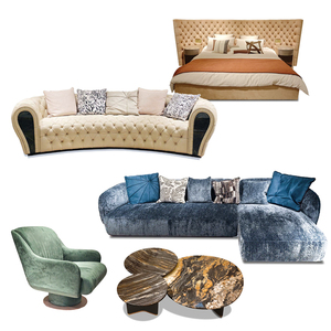 Ensemble de meubles de chambre à coucher de luxe moderne, lit king size capitonné en velours premium avec tête de lit extra large pour projet de villa ou d'hôtel - Product Image 4