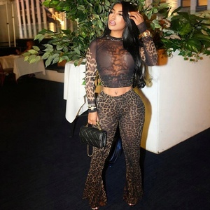 Peeqi K24S56202 Completo Autunnale da Donna Due Pezzi Leopardato Manica Lunga e Pantaloni a Zampa Body Sexy Outfit Casual <span class=keywords><strong>Set</strong></span> 2 Pezzi Donna - Product Image 1