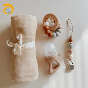 Yenidoğan bebek Muslin kundak battaniyeleri kişiselleştirilmiş yorgan bebek battaniyesi pamuk bebek duş hediye seti diş kaşıyıcı ile diş kaşıyıcı