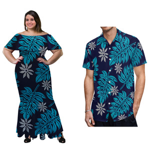 Robes sirène superposées à volants aux épaules pour femmes, vertes et bleues, motif tribal polynésien hawaïen, et chemise Aloha pour hommes grandes tailles - Product Image 2
