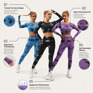 Ensemble de yoga personnalisé à manches longues, imprimé tie-dye, 2 pièces, haut court taille haute et pantalon long, en Spandex et Polyester, extensible dans les quatre sens, OEM - Product Image 5