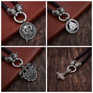 Norse Odin Viking <strong>Pendant</strong> with Raven Wolf <strong>Thor</strong> <strong>Hammer</strong> Mjolnir Symbol Vintage Scandinavian Necklace Jewelry for Men 9 Styles - Product Image 3