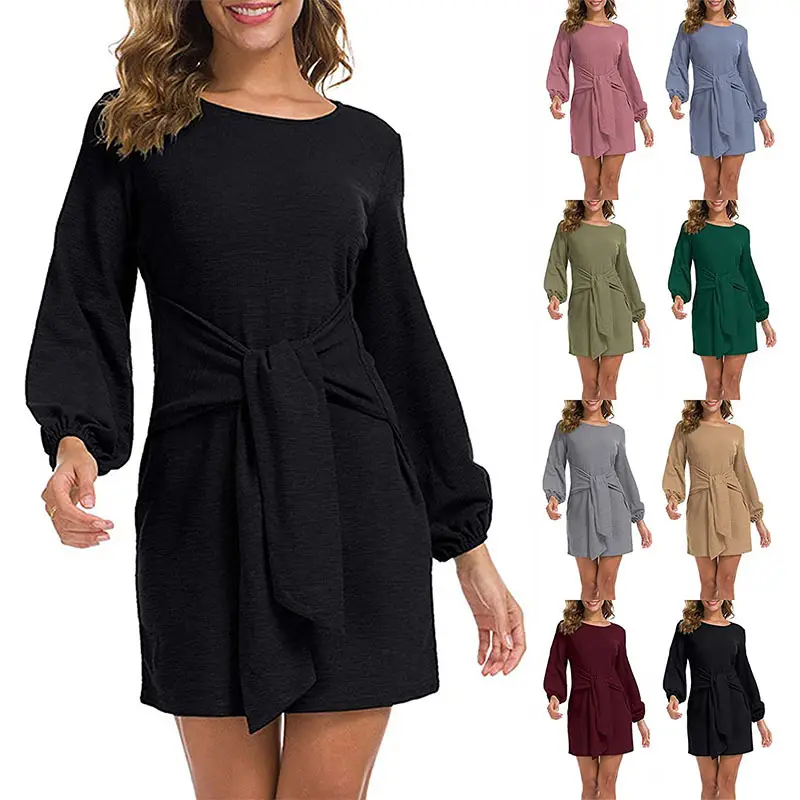 New Fashion Women's Solid Color Party Clothes Basic Tie Waist Long Sleeve Business Dress Casual Dresses