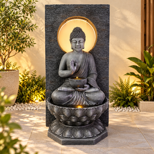 Fontaine d'eau de <span class=keywords><strong>jardin</strong></span> extérieure en résine avec halo de <span class=keywords><strong>Bouddha</strong></span>, mur d'eau avec anneau LED de 50 cm et cascade <span class=keywords><strong>pour</strong></span> patio et cour - Product Image 1