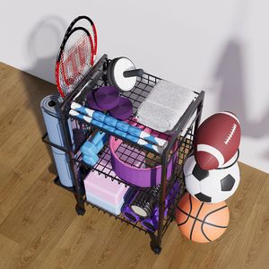 Carrello Multifunzionale per Attrezzature Sportive, Portaoggetti per Basket e Tappetini Yoga con Ripiano in Metallo, Imballato in Scatola - Product Image 2