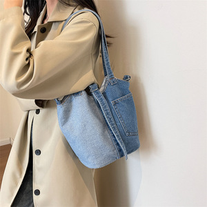 Retro Mori Style Denim Vegetable <b>Basket</b> Women's New Handheld Water Bottle Style Shoulder Crossbody Polyester Tanjing - Product Image 3