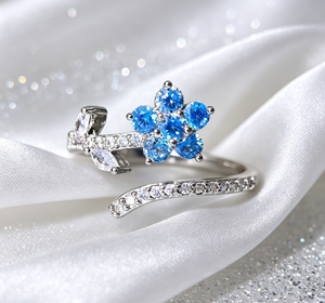 Bague ouverte fleur de cerisier en argent plaqué avec pierres CZ 3A de luxe coréennes, cristal bleu, pour l'index, vente en gros, bijoux pour femmes - Product Image 1