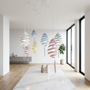 Lustre suspendu en spirale en métal fait main, LED E26 blanc chaud 3500K, abat-jour ovale, design mural pour salon - Product Image 3