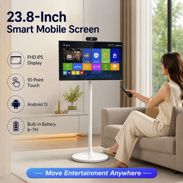 23.8 Inch Portable Smart TV Android 13 Touch Screen on Wheels Rechargeable Smart Portable TV for Home Office Fitness OEM Factory