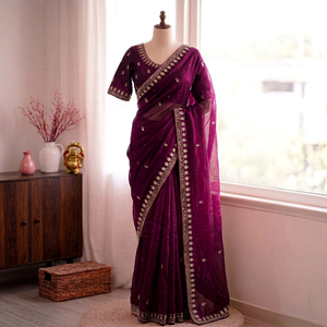 Designer Sequence And Cut Dana Hand Work Space Silk Velvet Shine <b>Saree</b> Paired With Fully Stitched Blouse - Product Image 1