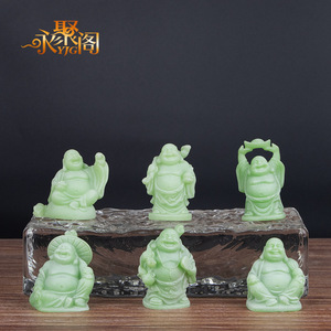 Figurines de Maitreya porte-bonheur en résine, style Feng Shui chinois doré, mini statues de <span class=keywords><strong>Bouddha</strong></span> riant en jade vert, lot de 6 - Product Image 6