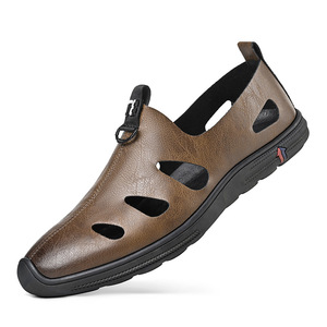 Men's Soft Leather Casual Hollow-Out <b>Clogs</b> Breathable Rubber Outsole Low Heel Boat Shoes - Product Image 4