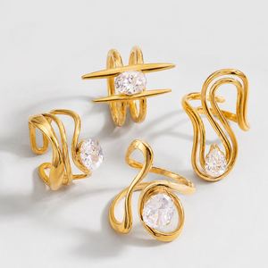 Women's 18K Gold <b>Plate</b> Stainless Steel <b>Rings</b> Modern Minimalist Lines Double-layer Hollow Geometric Large Zircon Open Gift - Product Image 6