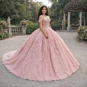 6948 Vestido de Quinceañera Rosa Brillante con Lentejuelas, Hombros Descubiertos y Cola - Product Image 1