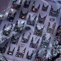 Autocollants 3D en dentelle française en relief pour nail art, autocollants holographiques gothiques en forme de V pour ongles français, décalcomanies en dentelle noire en relief pour ongles