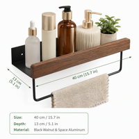 Rak Dinding Logam dan Walnut Hitam Grosir OEM Logo Kustom Set Rak Penyimpanan Kamar Mandi dengan Gantungan Handuk